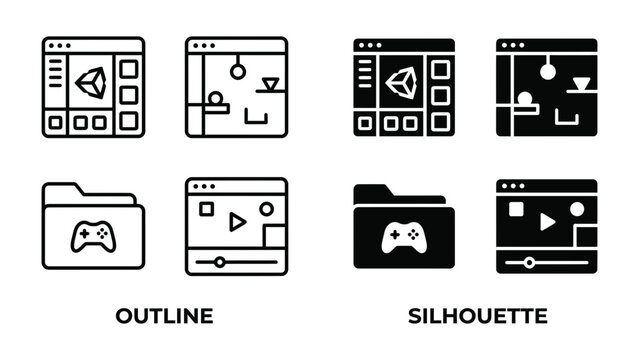 Game Development Interface Icons: A set of four icons, divided into outline and silhouette styles, depicting game development interfaces and folders with game controller symbols.
