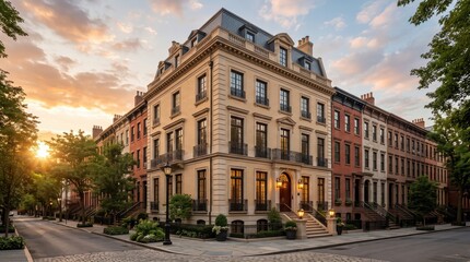 Fototapeta premium Large corner townhouse with mansard roof at sunset