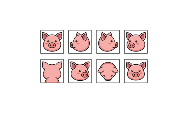 Pink Pig Head Character Reference Sheet Icons Set