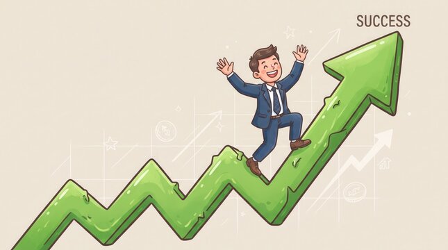 Business success illustration with a man celebrating on a rising green arrow