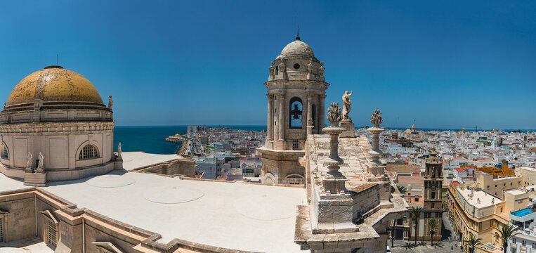 Cadiz cathedral panoramic rooftop view overlooking city and sea
