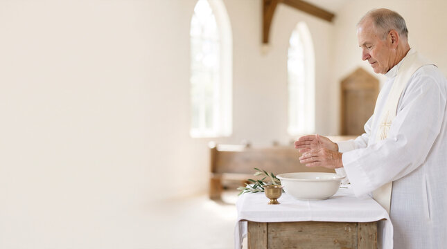 Priest blessing water during religious ceremony in church