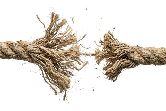 Frayed rope breaking under tension isolated on black background