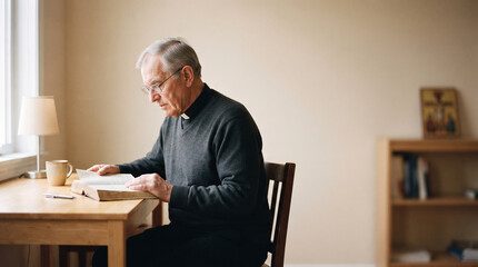 Fototapeta premium Elderly priest reading holy book at wooden desk with lamp and coffee