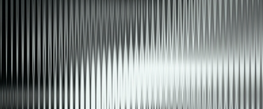 Black glass panel with vertical fluted texture and abstract gradient pattern. Acrylic striped surface with light refraction and distortion effect.