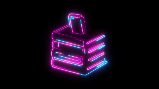 Futuristic glowing neon book stack icons on black background for digital education and online library concepts