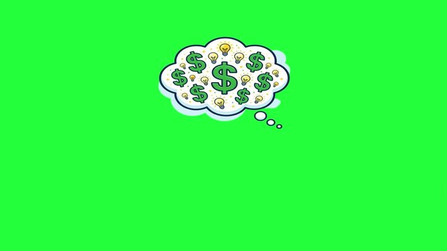 Cartoon thought bubble filled with dollar signs and lightbulbs money
