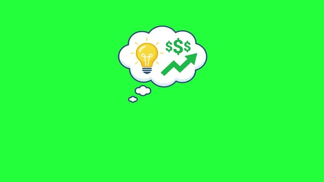 Animated thought bubble with glowing light bulb and upward trending 