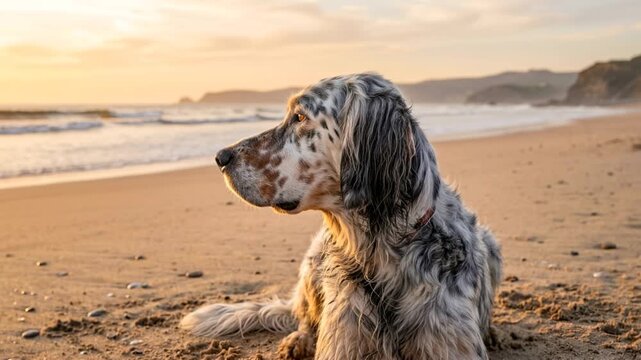 english setter close up at beach in england during golden light video