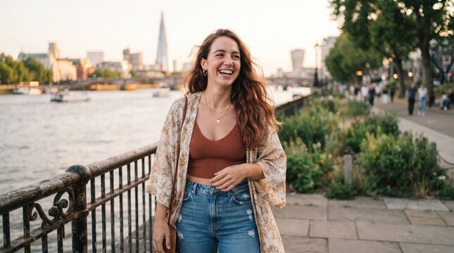 Joyful young woman laughing while walking along the thames river in london