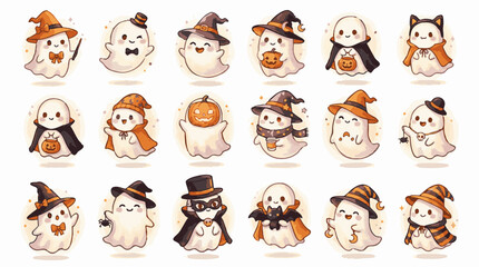Fototapeta premium Set of cute cartoon ghosts for halloween, featuring witches, pumpkins, bats, and festive costumes on a soft cream background