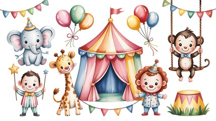 Fototapeta premium Large watercolor circus elements set with cute animals and clowns. Baby elephant, giraffe, lion, monkey, circus tent, balloons and garlands. Hand drawn kids clipart for nursery, baby shower 