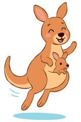 Obraz premium Cute cartoon kangaroo mother with baby in pouch hopping