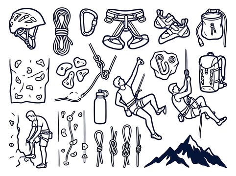 A diverse collection of hand-drawn rock climbing elements, depicting essential gear, safety equipment, and dynamic illustrations of climbers in adventurous ascent
