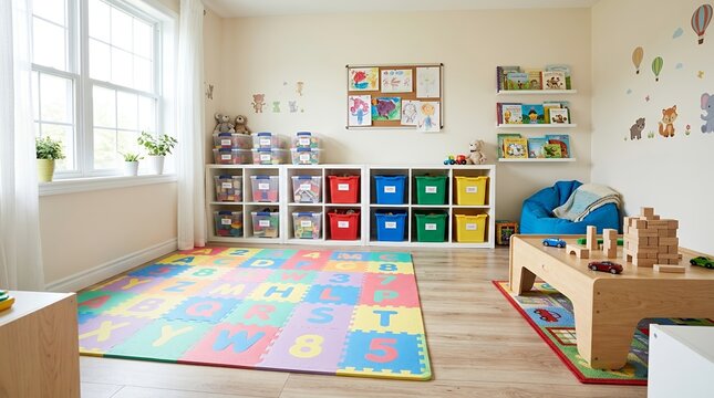 Bright and colorful playroom with toys and storage for children.