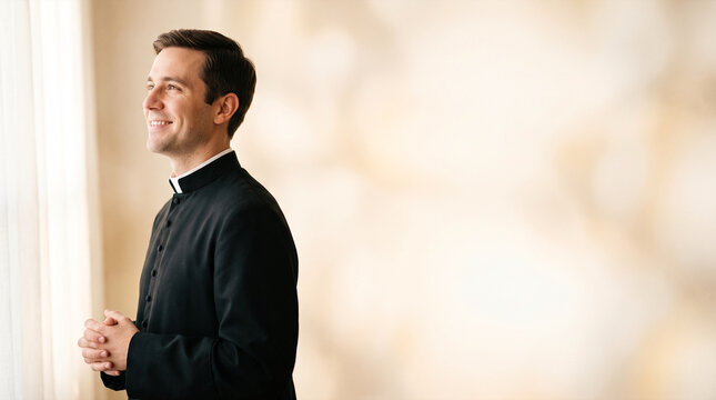 Clergyman in black cassock with white collar praying near window