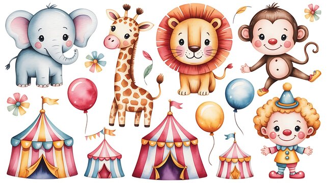 Large watercolor circus elements set with cute animals and clowns. Baby elephant, giraffe, lion, monkey, circus tent, balloons and garlands. Hand drawn kids clipart for nursery, baby shower 