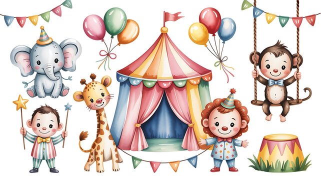 Large watercolor circus elements set with cute animals and clowns. Baby elephant, giraffe, lion, monkey, circus tent, balloons and garlands. Hand drawn kids clipart for nursery, baby shower 