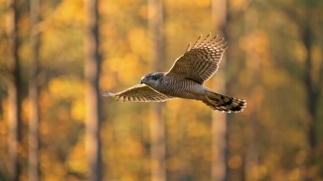 goshawk flying in boreal forest canada morning light video