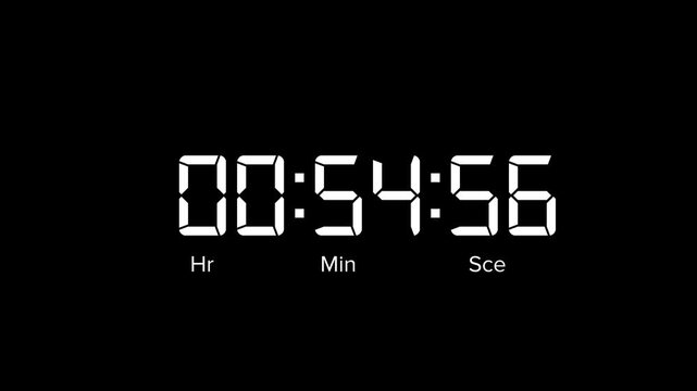 Animated Digital one hours countdown timer. 1 hour countdown timer animation on black background.4k video