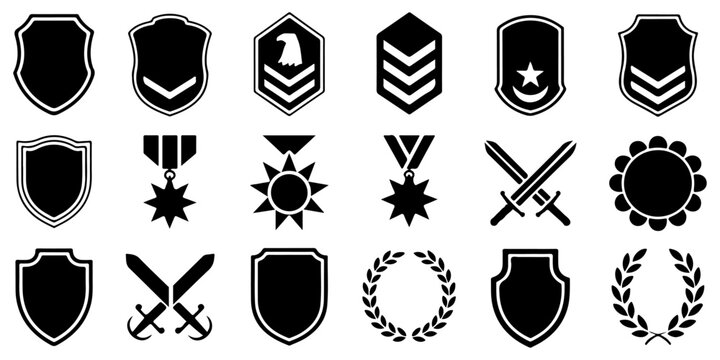 Military rank insignia, shields, medals and patriotic service symbols collection
Veterans Day military badges and honor insignia icon set
Armed forces rank emblems, medals and military shield symbols