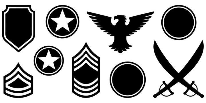 Military rank insignia, shields, medals and patriotic service symbols collection
Veterans Day military badges and honor insignia icon set
Armed forces rank emblems, medals and military shield symbols