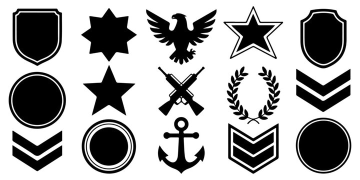 Military rank insignia, shields, medals and patriotic service symbols collection
Veterans Day military badges and honor insignia icon set
Armed forces rank emblems, medals and military shield symbols
