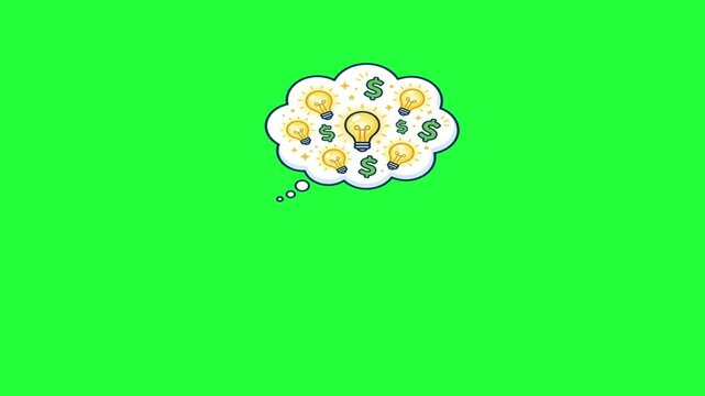 Animated thought bubble filled with glowing light bulbs and dollar 