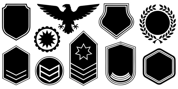 Military rank insignia, shields, medals and patriotic service symbols collection
Veterans Day military badges and honor insignia icon set
Armed forces rank emblems, medals and military shield symbols