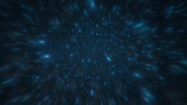 Seamless video loop of flying fast through a hyperspace starfield, glowing blue stars rushing past the camera, sci-fi space concept, 4K