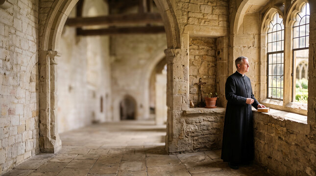 Clergyman in cassock looks out window in ancient stone religious building