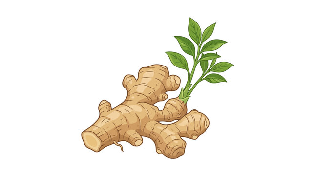 Fresh ginger root with green leaves vector illustration