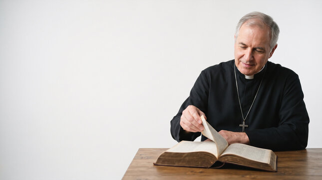 Clergyman in cassock reading from an open bible at a wooden table