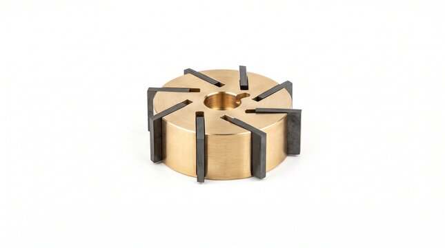 Macro of commercial espresso rotary vane pump impeller. Micro-machined solid brass cylinder with graphite sliding vanes. High-pressure hydraulic industrial hardware isolated on white.