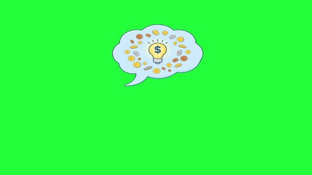 Animated thought bubble with glowing lightbulb dollar sign and... idea