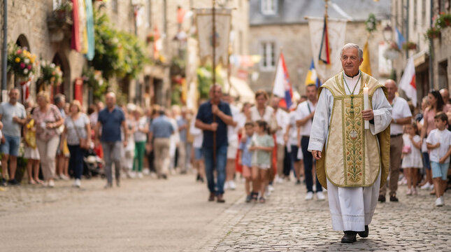 Priest holding candle leading procession on cobblestone street with onlookers