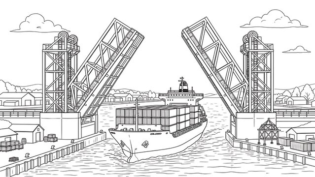 white background drawbridge riverboat scene illustration.