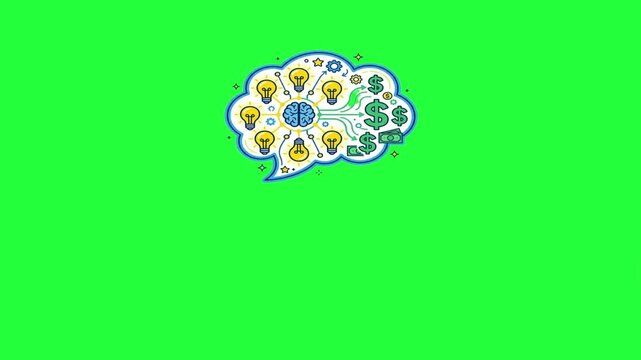 Animated brain with lightbulbs and dollar signs inside a speech idea 