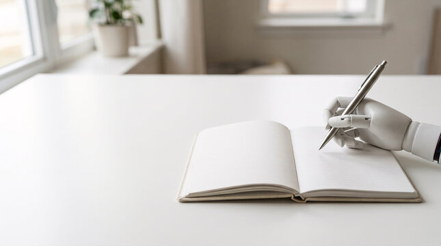 Robotic hand holding pen writing in open notebook on white desk