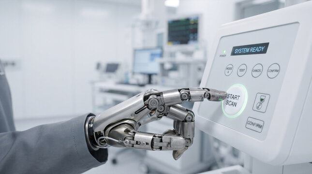 Robotic hand pressing button on medical device in clinic setting