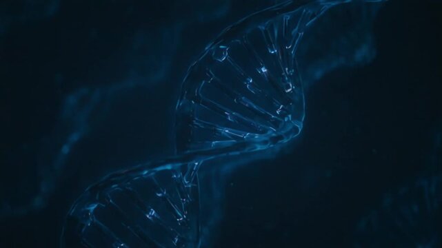 Seamless video loop of a glowing blue 3D DNA helix molecule rotating slowly, medical science and genetics background, 4K