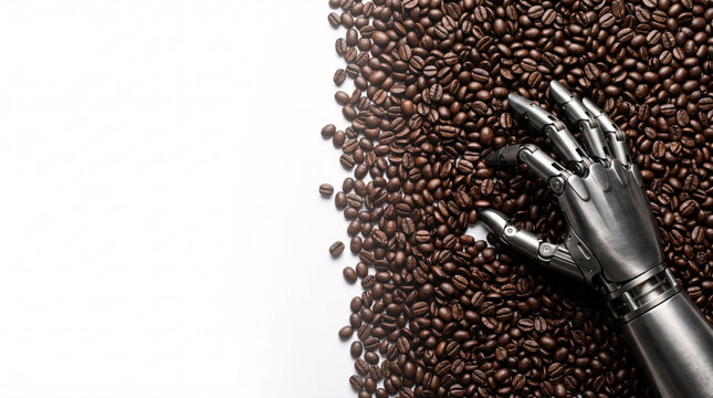 Robotic hand touching coffee beans in a pile on white background