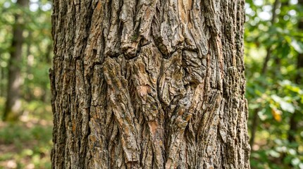 Obraz premium Close-up of rough tree bark texture in a forest setting.