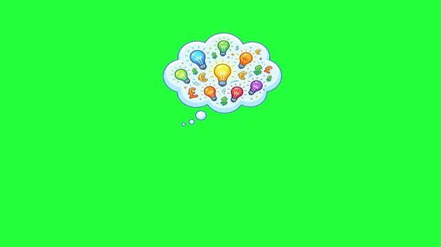 Animated thought bubble filled with colorful light bulbs and... idea 