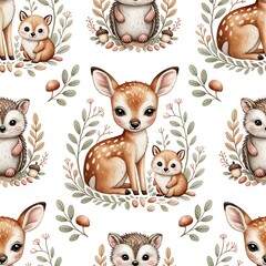 Naklejka premium Woodland Nursery Seamless Pattern with Deer and Forest Animals 