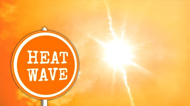 Heatwave sign on orange sky background and shining sun. Heatwave concept. Extreme weather. global warming effects