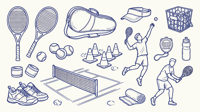 Hand-drawn tennis equipment and player icons set featuring rackets, balls, court, net, and accessories in a blue outline style