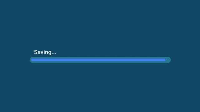 Animated motion graphics showing a thin blue progress bar labeled "Saving..." filling up over a dark blue background. Represents an active file saving, system data storage, project export,