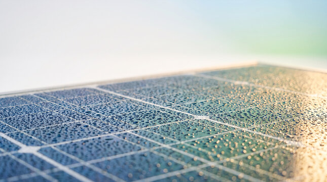Solar panel surface with water droplets in soft morning light