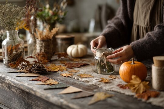 Person Crafting Sustainable Eco Friendly Autumn Table Decor with Leaves and Glass Jars